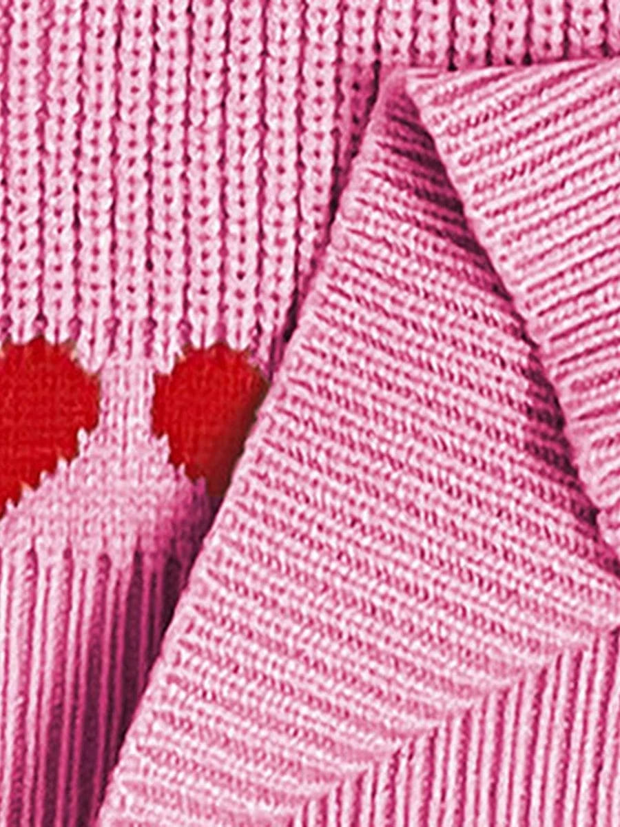 Women Valentine's Day Knit Sweater Heart Print Long Sleeve Round Neck Pullovers Fall Winter Casual Loose Knitted Jumpers Tops