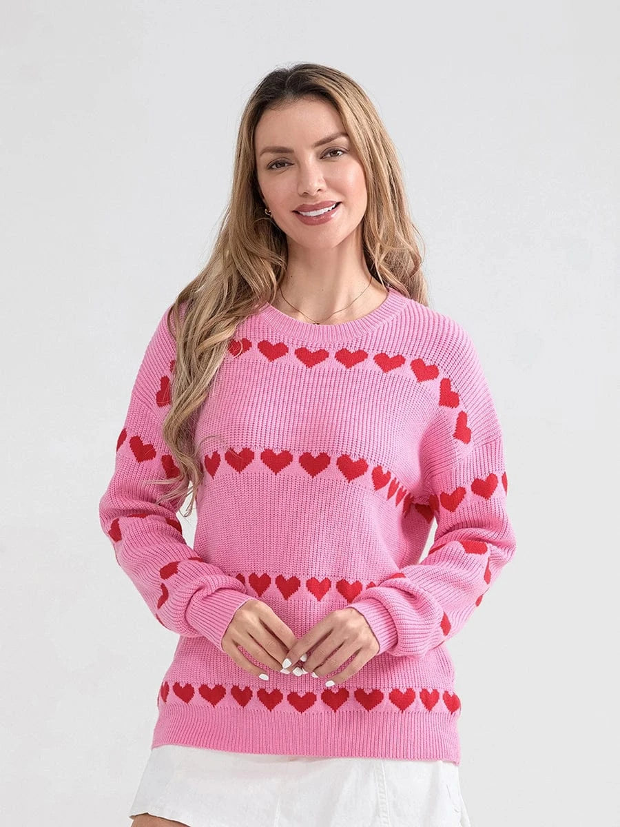 Women Valentine's Day Knit Sweater Heart Print Long Sleeve Round Neck Pullovers Fall Winter Casual Loose Knitted Jumpers Tops