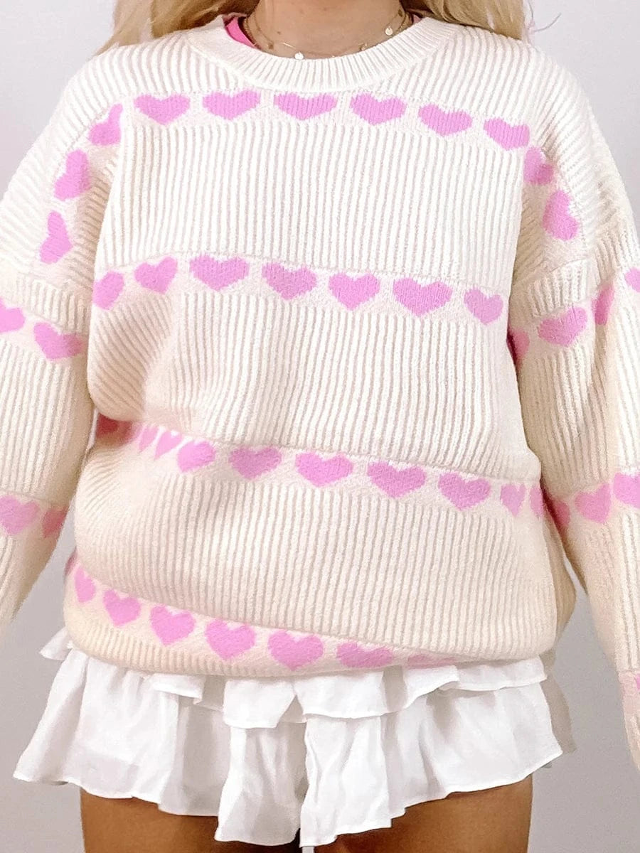 Women Valentine's Day Knit Sweater Heart Print Long Sleeve Round Neck Pullovers Fall Winter Casual Loose Knitted Jumpers Tops