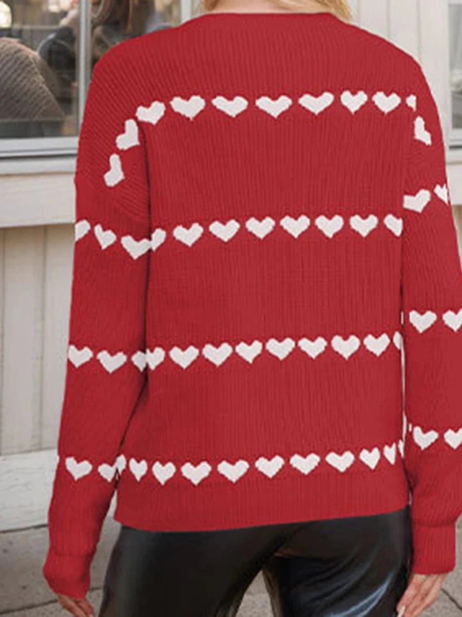 Women Valentine's Day Knit Sweater Heart Print Long Sleeve Round Neck Pullovers Fall Winter Casual Loose Knitted Jumpers Tops