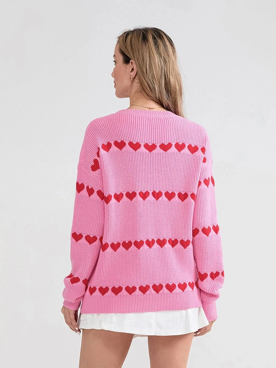 Women Valentine's Day Knit Sweater Heart Print Long Sleeve Round Neck Pullovers Fall Winter Casual Loose Knitted Jumpers Tops