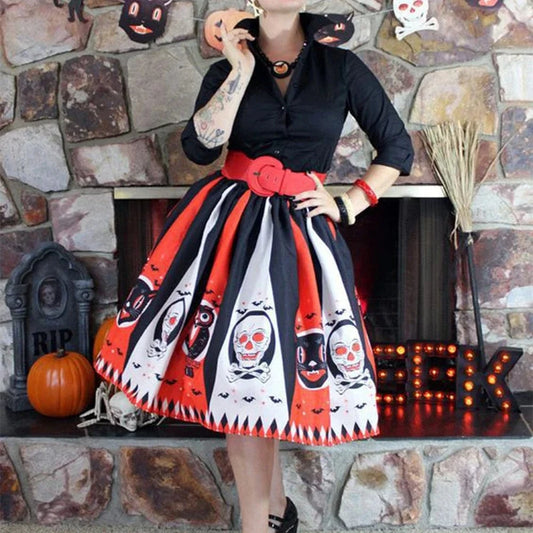 Women Vintage Halloween Skirt Retro Poker Face Skull Plus Size Skirt High Waist Pleated Ball Gown Long Skirts