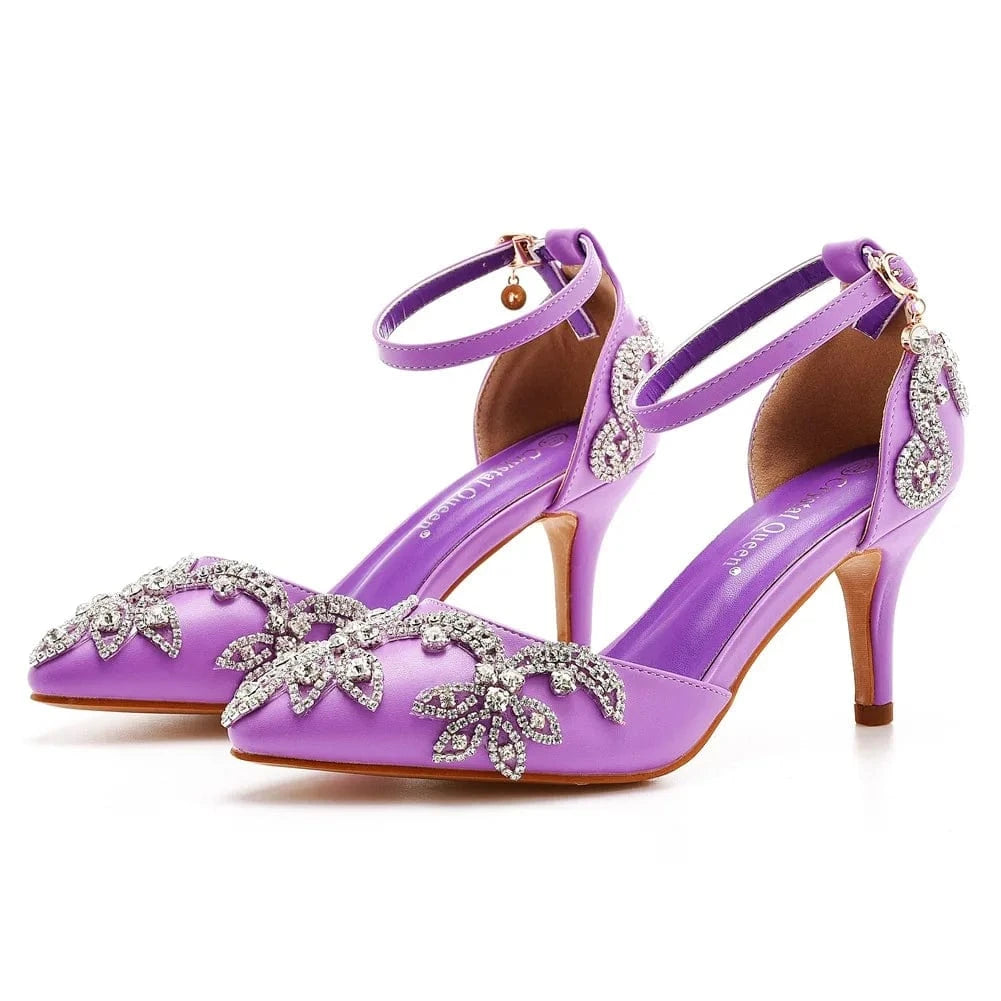 Women Wedding Shoes Classic Rhinestone Decor PU Pointed-toe Shoes Hollow Out Ankle Strap High Heel Sandals Ladies Bridal Sandals