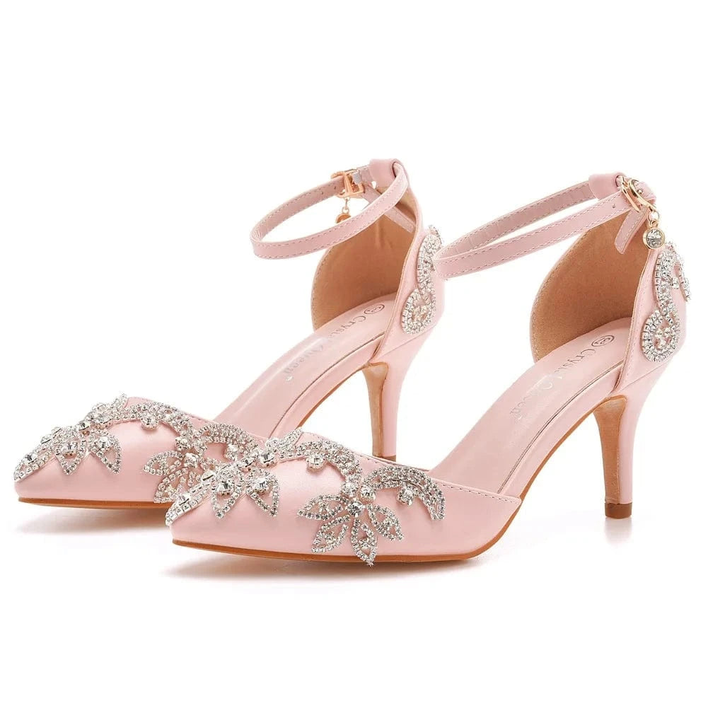 Women Wedding Shoes Classic Rhinestone Decor PU Pointed-toe Shoes Hollow Out Ankle Strap High Heel Sandals Ladies Bridal Sandals