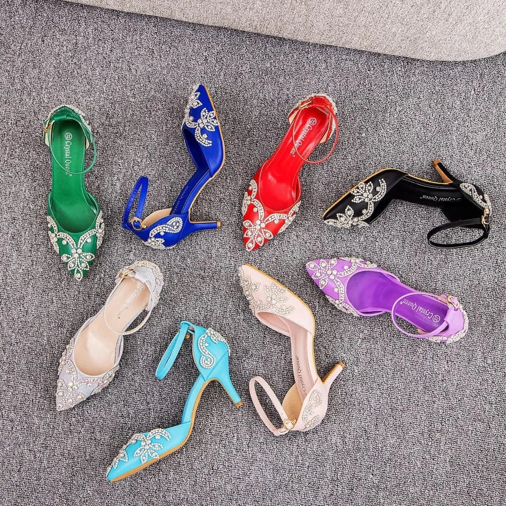 Women Wedding Shoes Classic Rhinestone Decor PU Pointed-toe Shoes Hollow Out Ankle Strap High Heel Sandals Ladies Bridal Sandals