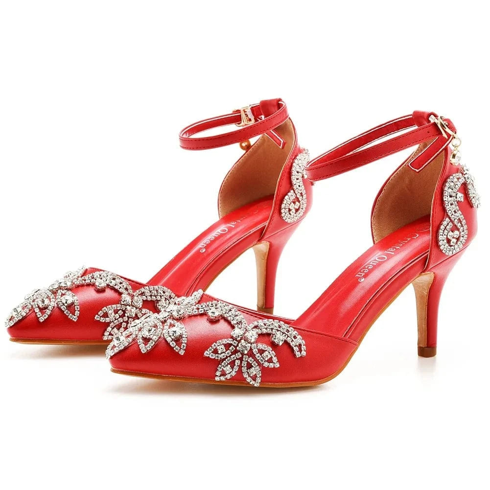 Women Wedding Shoes Classic Rhinestone Decor PU Pointed-toe Shoes Hollow Out Ankle Strap High Heel Sandals Ladies Bridal Sandals