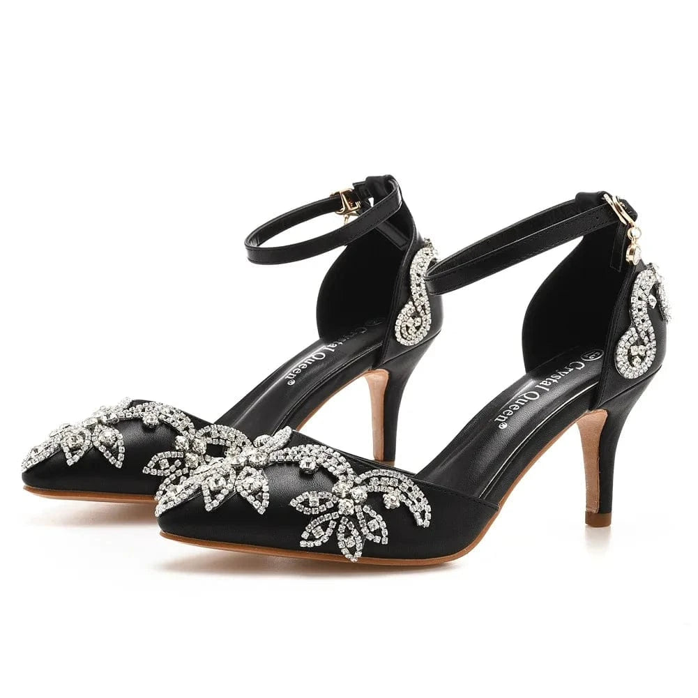Women Wedding Shoes Classic Rhinestone Decor PU Pointed-toe Shoes Hollow Out Ankle Strap High Heel Sandals Ladies Bridal Sandals