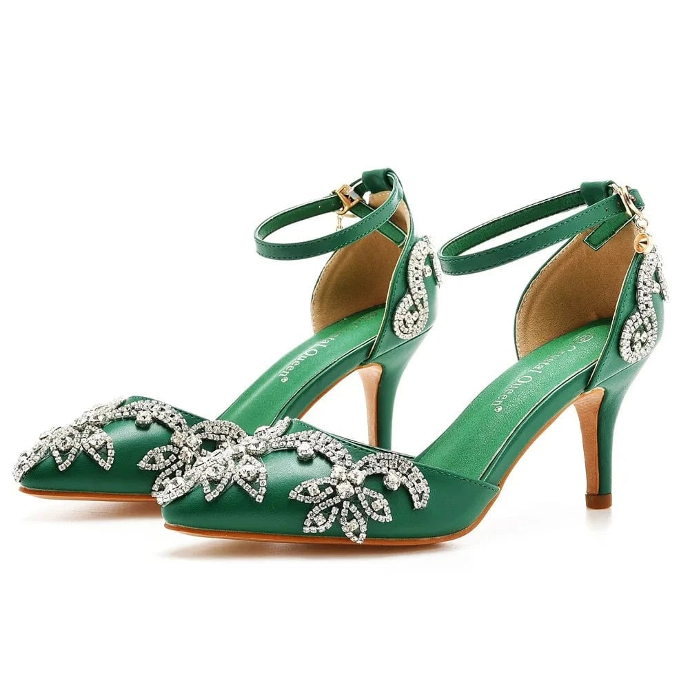 Women Wedding Shoes Classic Rhinestone Decor PU Pointed-toe Shoes Hollow Out Ankle Strap High Heel Sandals Ladies Bridal Sandals