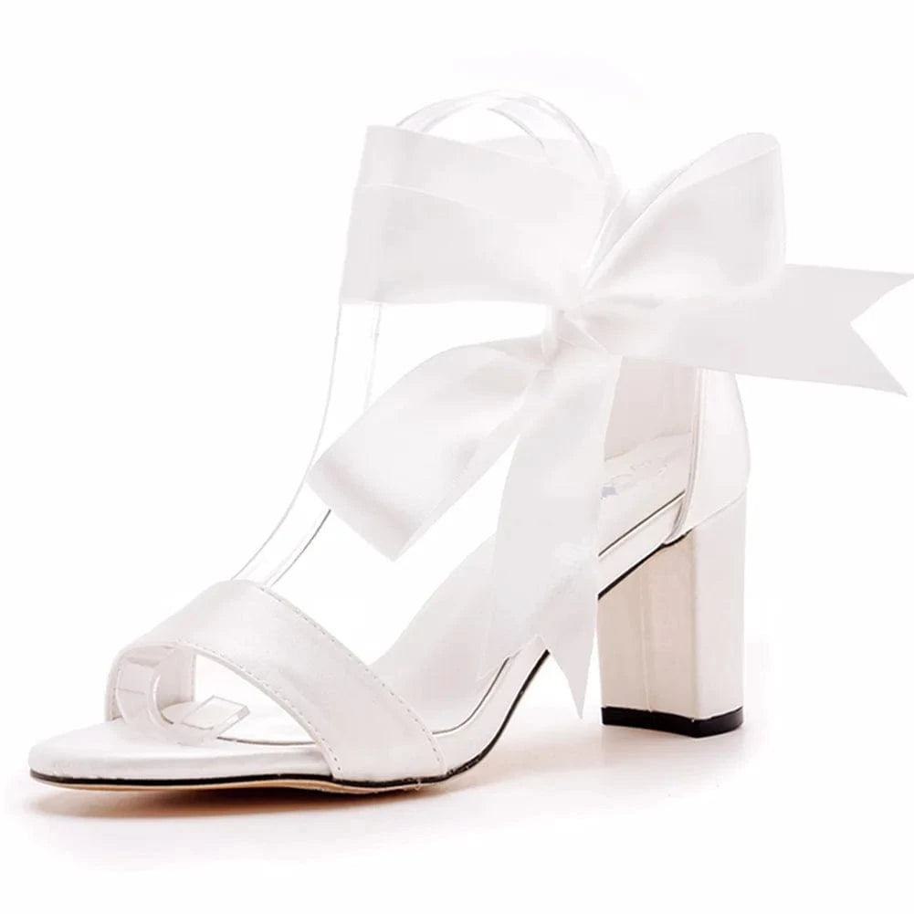 Women Wedding Shoes Comfortable Silk Satin Round-toe Shoe Hollow Out Ankle Strap Chunky Heel Sandals Ladies Dress Bridal Sandals
