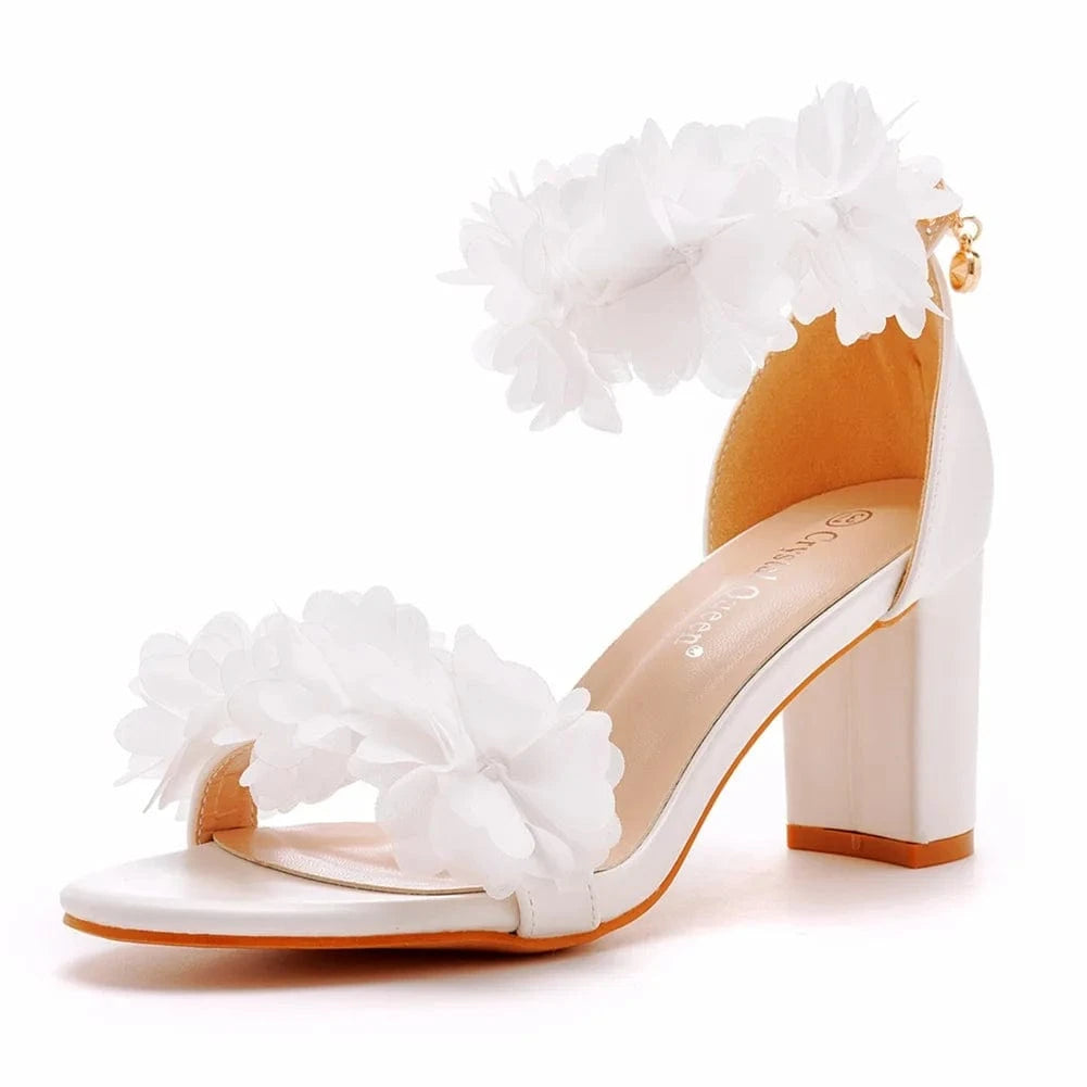 Women Wedding Shoes Elegant Floral Decor Round-toe Open-toe Shoes Hollow Out Ankle Strap High Heel Sandals Ladies Bridal Sandals