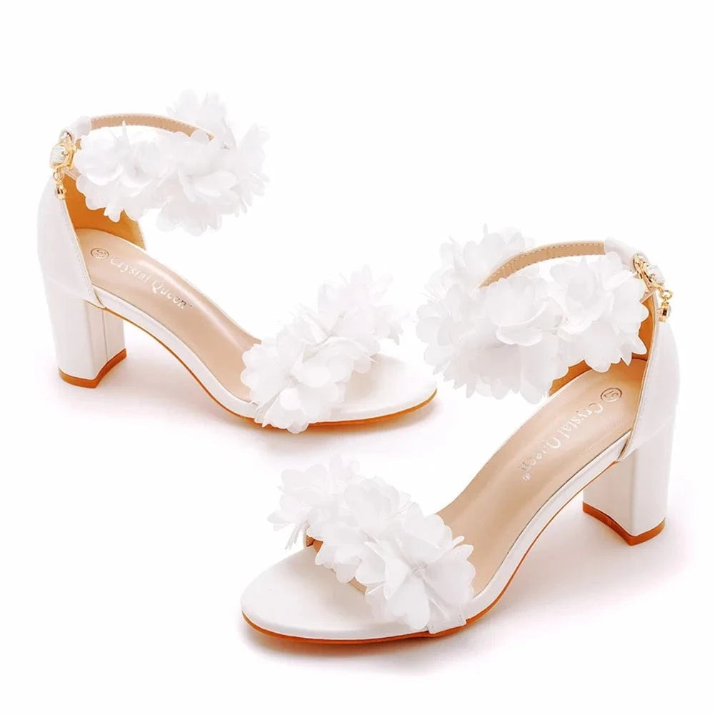 Women Wedding Shoes Elegant Floral Decor Round-toe Open-toe Shoes Hollow Out Ankle Strap High Heel Sandals Ladies Bridal Sandals