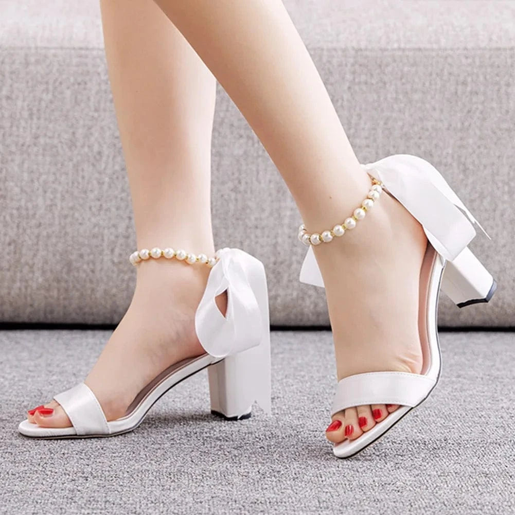 Women Wedding Shoes Fashion Silk Satin Round-toe Shoes Open-toe Large Size High Heel Sandals Ladies Banquet Dress Bridal Sandals