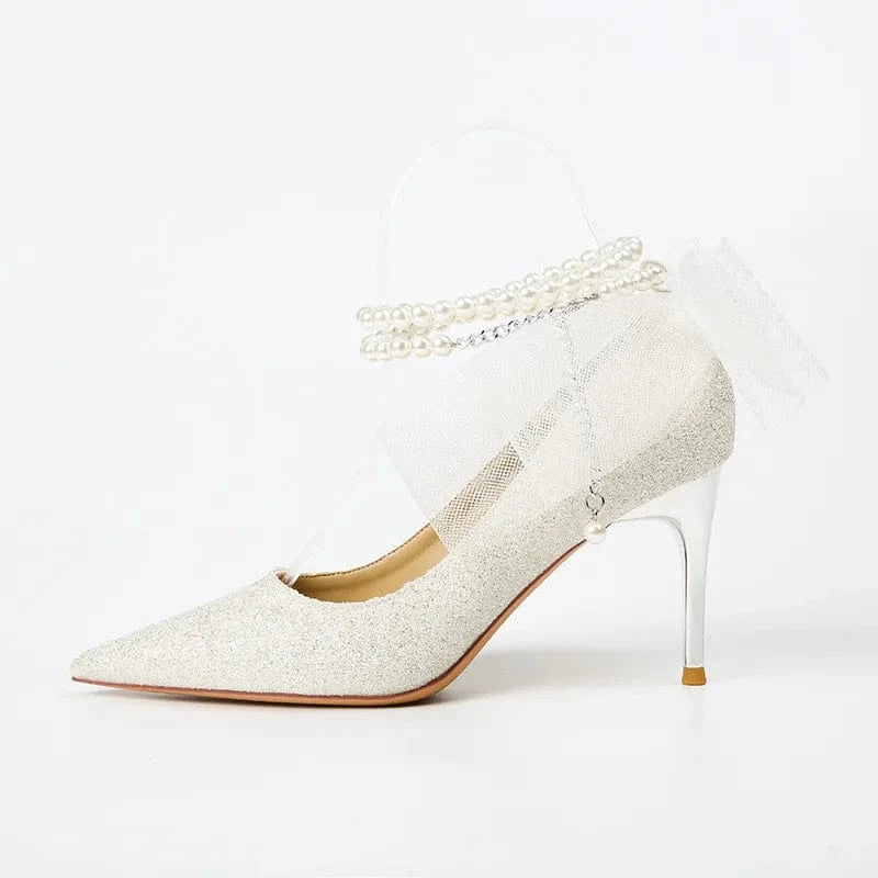 Women Wedding Shoes Luxury String Bead Lace Bowknot Decor Mujer Zapatos Pointed-toe Wrap-toe High Heel Pumps Ladies Bridal Shoes