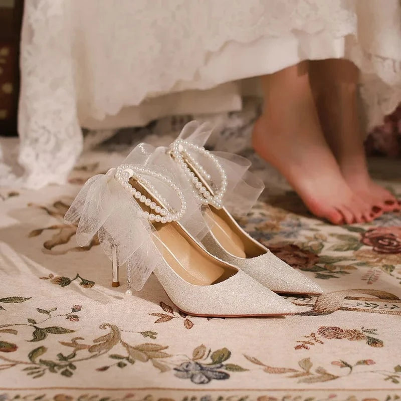 Women Wedding Shoes Luxury String Bead Lace Bowknot Decor Mujer Zapatos Pointed-toe Wrap-toe High Heel Pumps Ladies Bridal Shoes