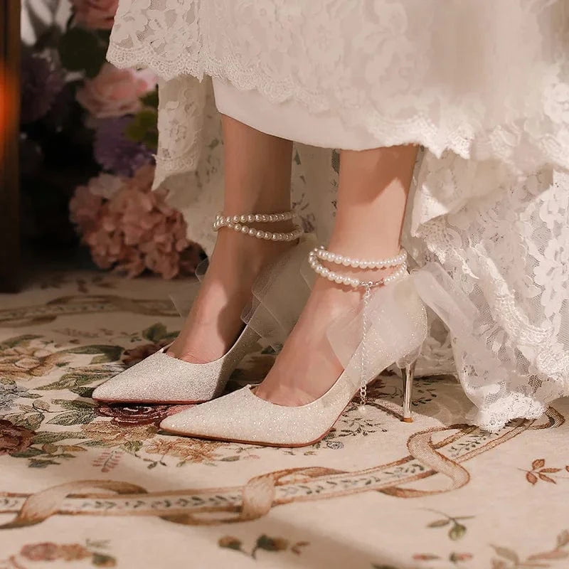 Women Wedding Shoes Luxury String Bead Lace Bowknot Decor Mujer Zapatos Pointed-toe Wrap-toe High Heel Pumps Ladies Bridal Shoes
