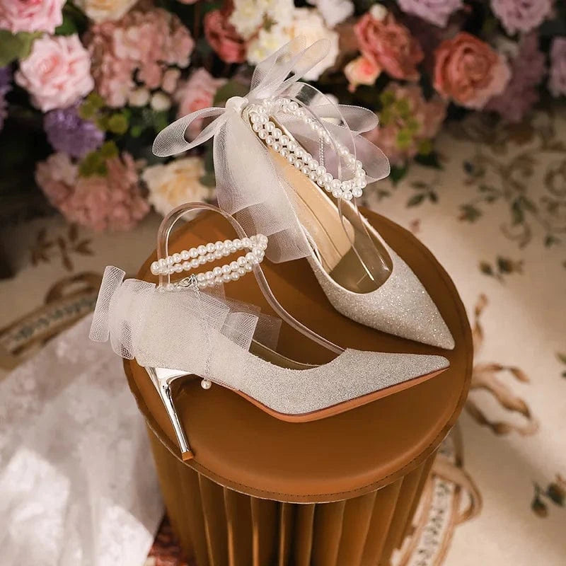 Women Wedding Shoes Luxury String Bead Lace Bowknot Decor Mujer Zapatos Pointed-toe Wrap-toe High Heel Pumps Ladies Bridal Shoes