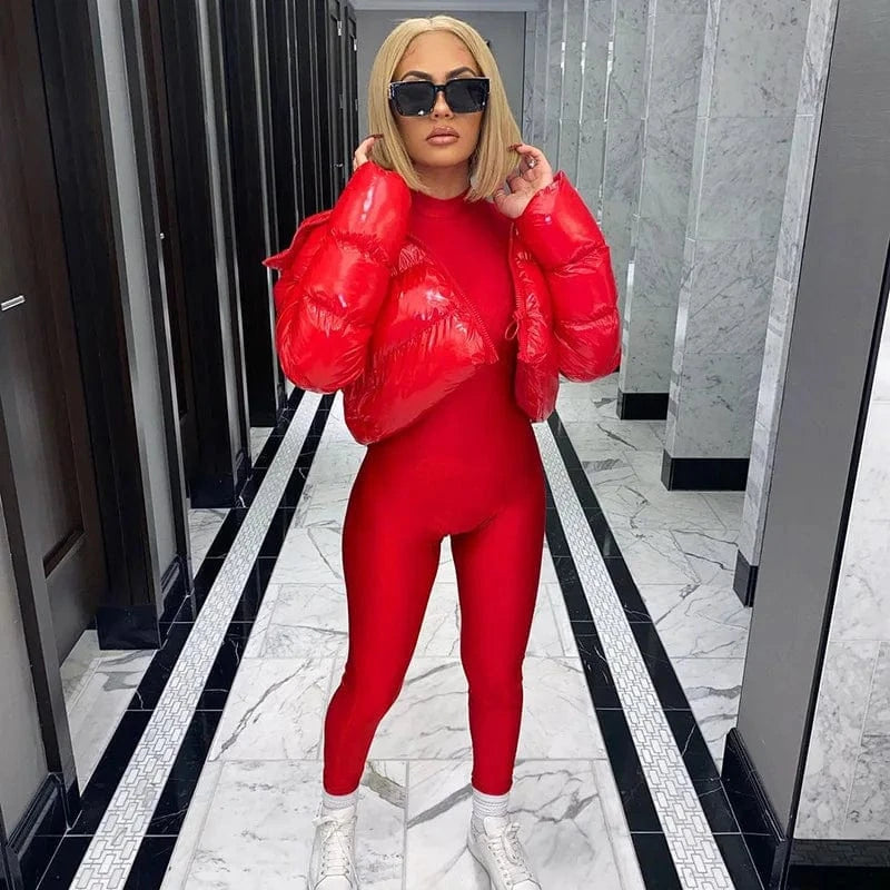 Women Winter Warm Shiny Puffer Long Sleeve Solid Zipper Cropped Bubble puff jacket Coats