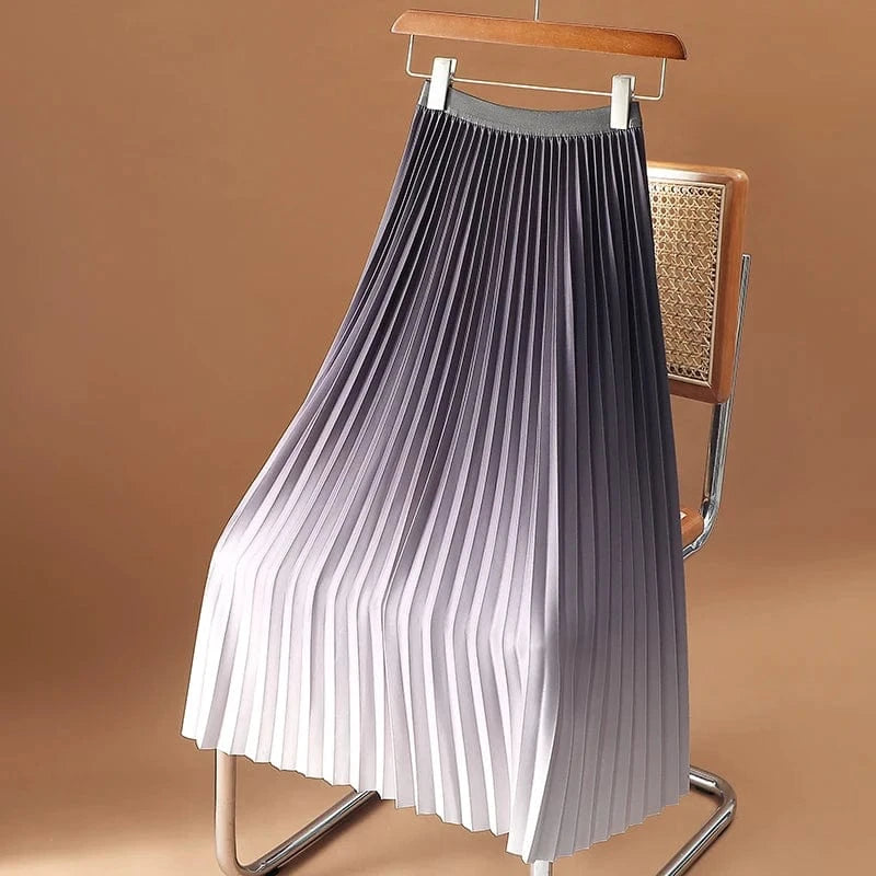 Women Y2K Gradient Midi Skirt Casual Luxury Elegant Korean High Waisted Pleated Skirts Girls Chic Long A-line Faldas