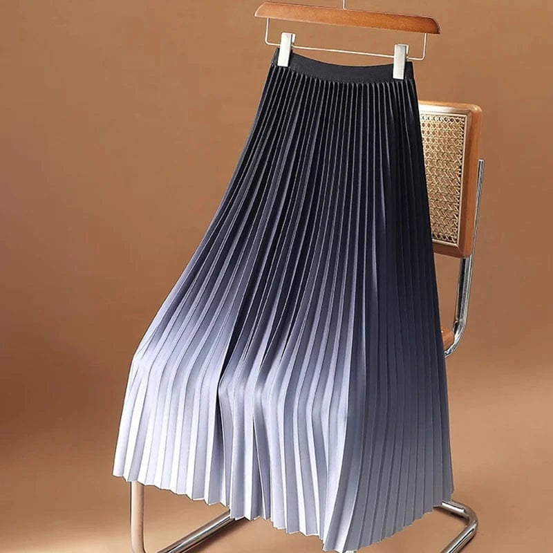Women Y2K Gradient Midi Skirt Casual Luxury Elegant Korean High Waisted Pleated Skirts Girls Chic Long A-line Faldas