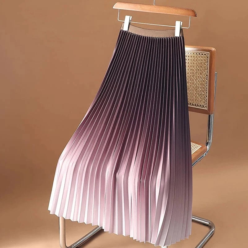 Women Y2K Gradient Midi Skirt Casual Luxury Elegant Korean High Waisted Pleated Skirts Girls Chic Long A-line Faldas