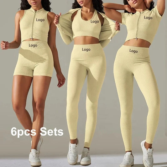 Women Yoga Leggings Running Workout 6pcs Sets Clothes Tops Sports Wear Gym Fitness Sets Seamless Leggings Workout Sets for Women