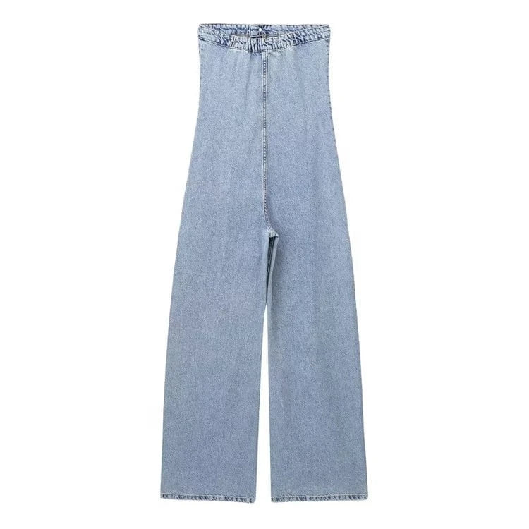 Womens Casual Classic Jumpsuit Off Shoulder Strapless Vintage Denim Long Pants High Street Jumpsuit Women