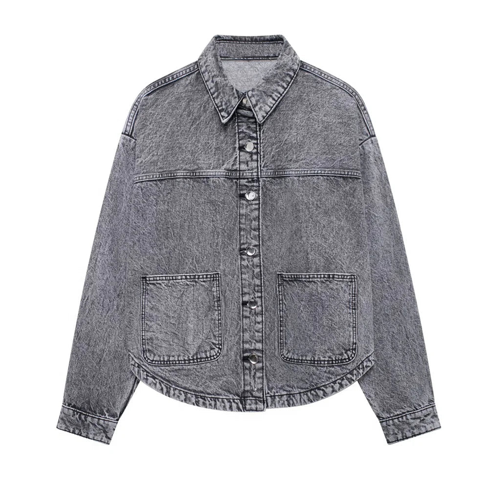 Womens Denim Jacket Buckle Patch Detail With Button Pockets Casual Everyday Style - SN Wigs & More