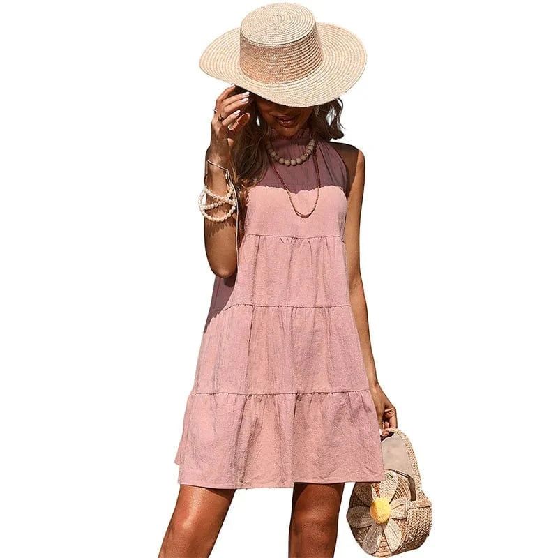 Womens Dresses 2024 wholesale solid color cotton linen lace up loose ruffle women dresses casual summer