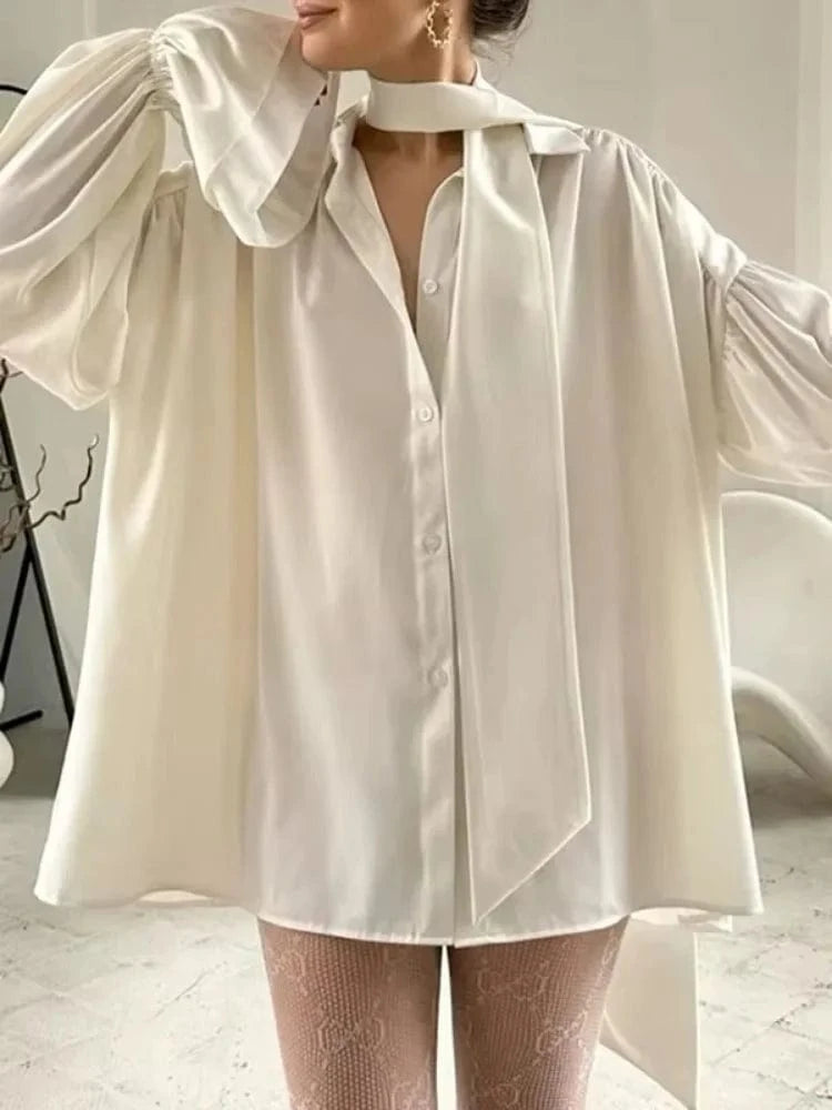 Womens Elegant Blouses & Shirts 2025 Spring Summer Solid Layered Flared Long Sleeves Female Chic Tied Tops Blouse