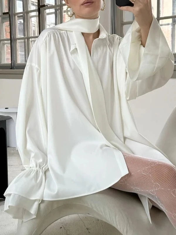 Womens Elegant Blouses & Shirts 2025 Spring Summer Solid Layered Flared Long Sleeves Female Chic Tied Tops Blouse