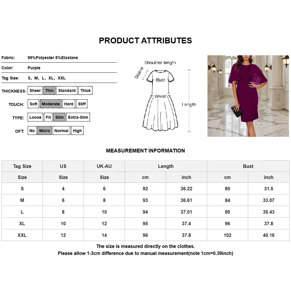 Womens Elegant Solid Ruffle Chiffon Cloak Sleeve Bodycon Knee Length Dress Ladies Evening Banquet Party Cocktail Ball Gown S-2XL