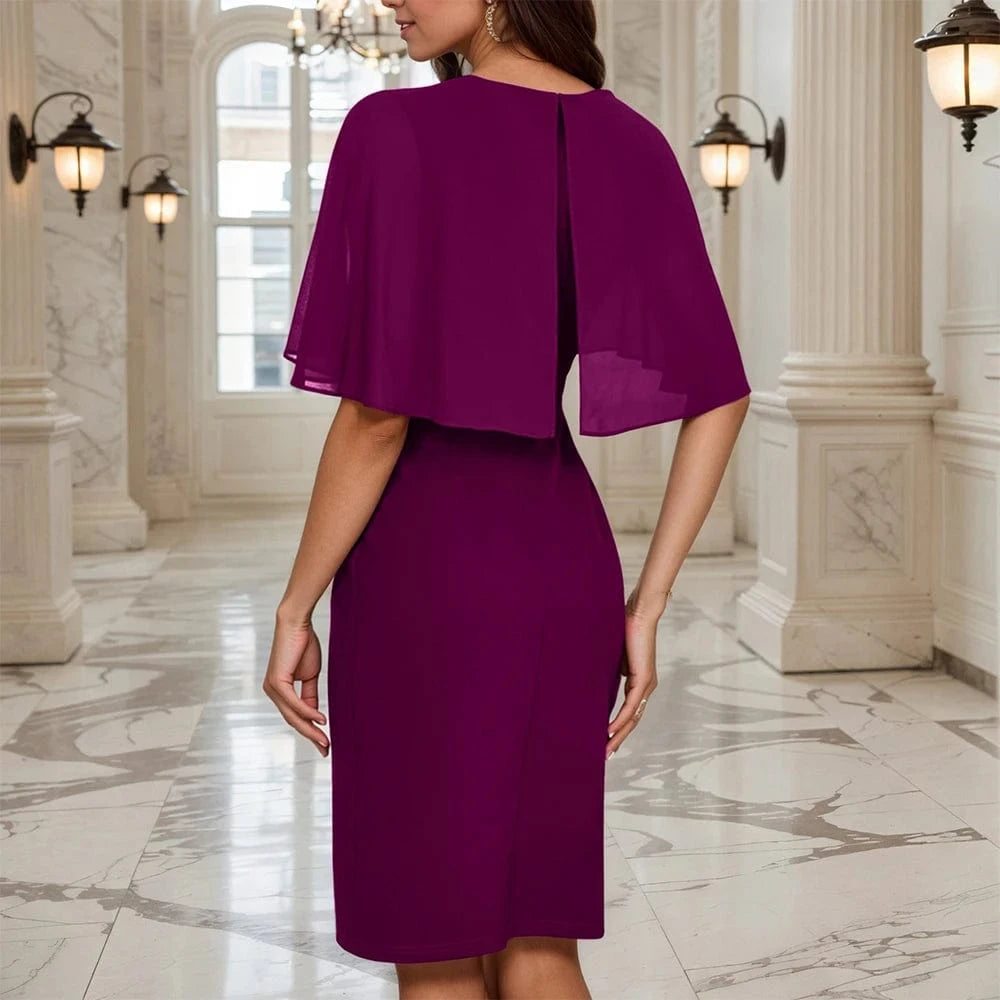 Womens Elegant Solid Ruffle Chiffon Cloak Sleeve Bodycon Knee Length Dress Ladies Evening Banquet Party Cocktail Ball Gown S-2XL