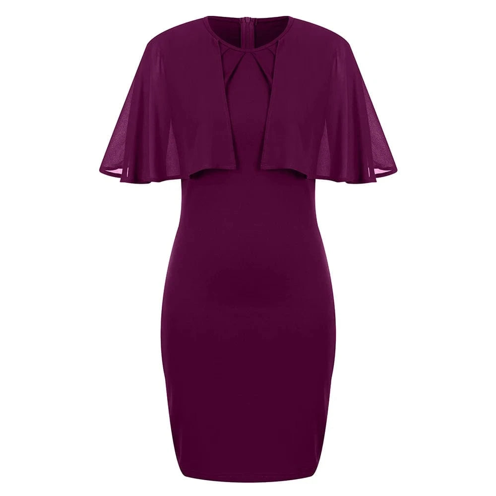 Womens Elegant Solid Ruffle Chiffon Cloak Sleeve Bodycon Knee Length Dress Ladies Evening Banquet Party Cocktail Ball Gown S-2XL