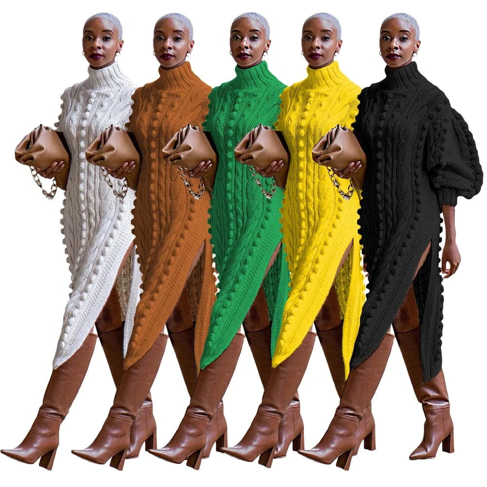 Womens Knitted Dresses High Neck Long Sleeve Sweater Dress with Split Ladies Vintage Knit Midi Dress Casual Fashion Winter