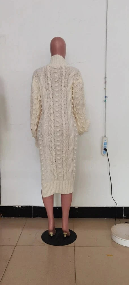 Womens Knitted Dresses High Neck Long Sleeve Sweater Dress with Split Ladies Vintage Knit Midi Dress Casual Fashion Winter