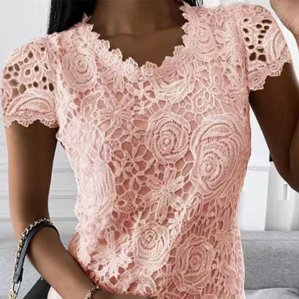 Womens Lace Round Neck Tops T-Shirts Ladies Summer Casual Short Sleeve Blouse Pullover Fashion Clothing For