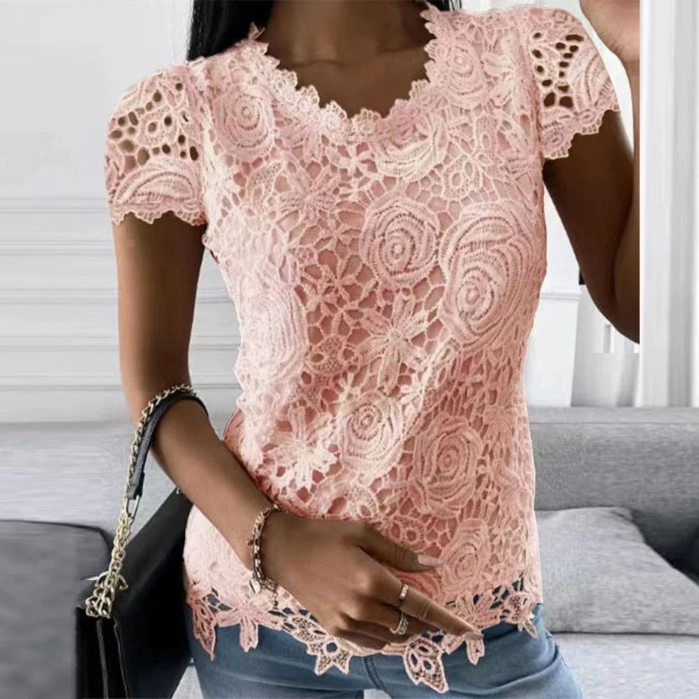 Womens Lace Round Neck Tops T-Shirts Ladies Summer Casual Short Sleeve Blouse Pullover Fashion Clothing For