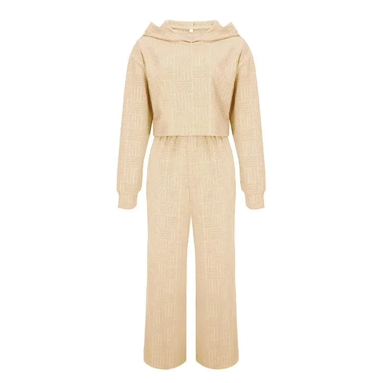 Womens Outfits Towel Hooded Sweatshirt Female Sweater Suit Long Sleeve Crop Top High Waist Two Piece Wide Leg Pants Set