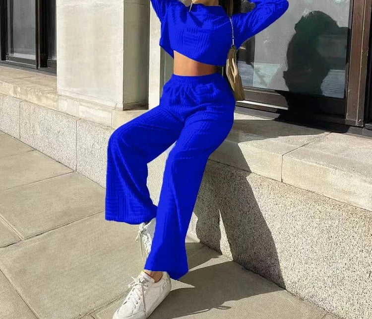 Womens Outfits Towel Hooded Sweatshirt Female Sweater Suit Long Sleeve Crop Top High Waist Two Piece Wide Leg Pants Set