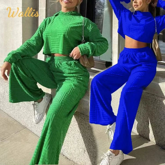 Womens Outfits Towel Hooded Sweatshirt Female Sweater Suit Long Sleeve Crop Top High Waist Two Piece Wide Leg Pants Set