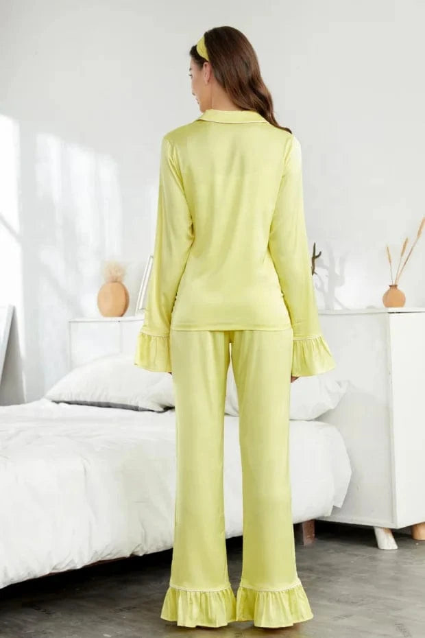 Womens Pajamas With Ruffles 2024 Summer High Quality Silk Avocado Pajamas With Headband 2 Piece Set Women Pajamas