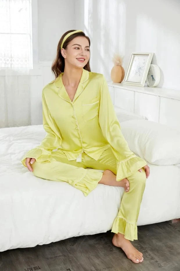 Womens Pajamas With Ruffles 2024 Summer High Quality Silk Avocado Pajamas With Headband 2 Piece Set Women Pajamas