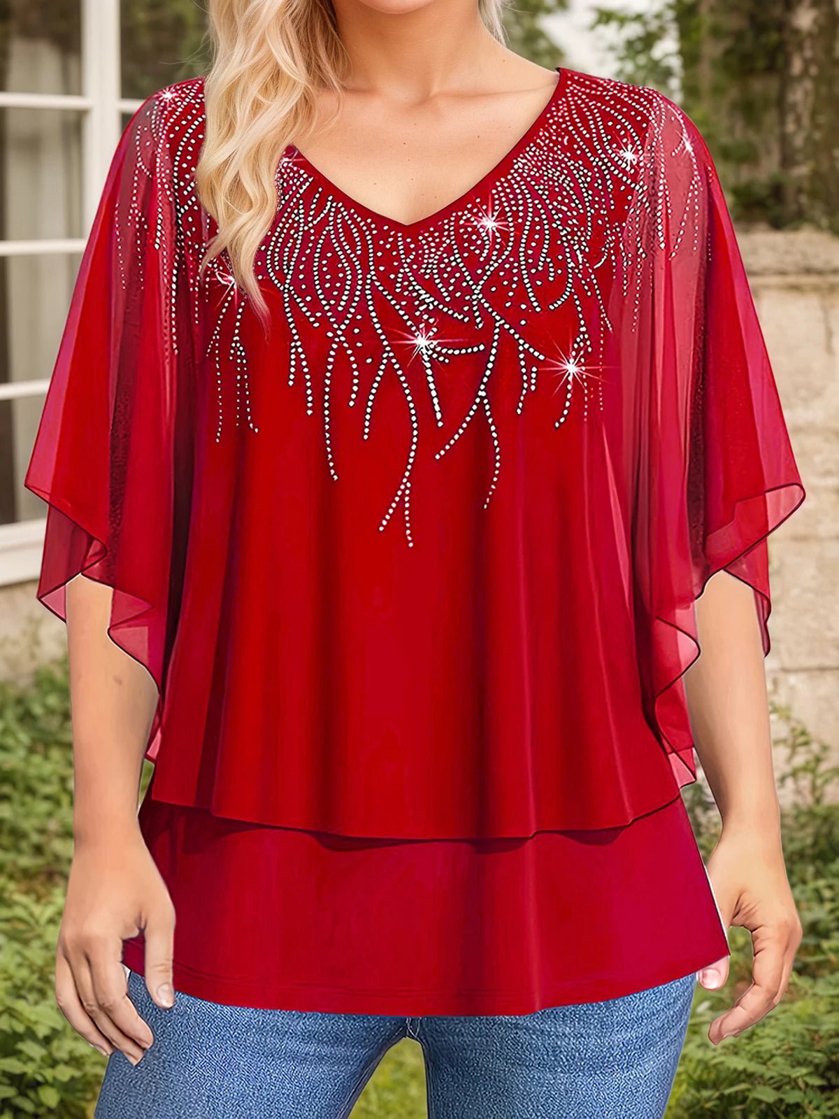 Women's Plus Size Blouse With Lace Patchwork Chiffon V - Neck – Elegant Everyday Style - SN Wigs & More