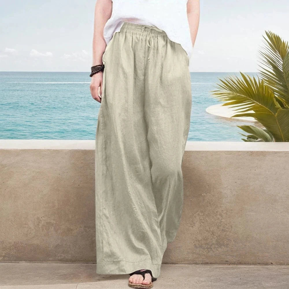 Womens Solid Cotton Linen Baggy Elasticated Waist Wide Leg Chino Pants Summer Ladies Loose Casual Full Length Trouser Size S-3XL