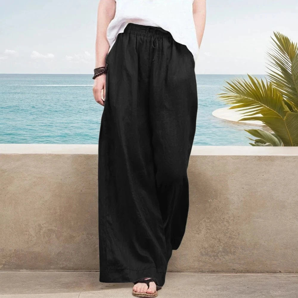 Womens Solid Cotton Linen Baggy Elasticated Waist Wide Leg Chino Pants Summer Ladies Loose Casual Full Length Trouser Size S-3XL