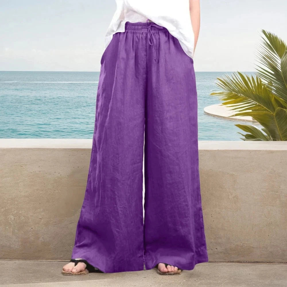 Womens Solid Cotton Linen Baggy Elasticated Waist Wide Leg Chino Pants Summer Ladies Loose Casual Full Length Trouser Size S-3XL