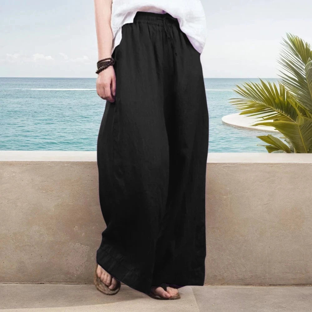 Womens Solid Cotton Linen Baggy Elasticated Waist Wide Leg Chino Pants Summer Ladies Loose Casual Full Length Trouser Size S-3XL