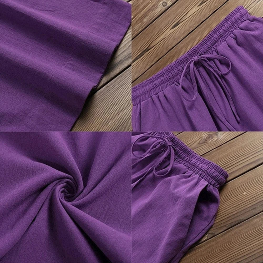 Womens Solid Cotton Linen Baggy Elasticated Waist Wide Leg Chino Pants Summer Ladies Loose Casual Full Length Trouser Size S-3XL