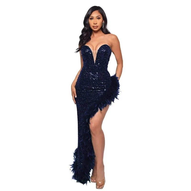 Womens Strapless Sequin Feather Dress For Women Elegant Sleeveless Long Bodycon Prom Evening Dresses