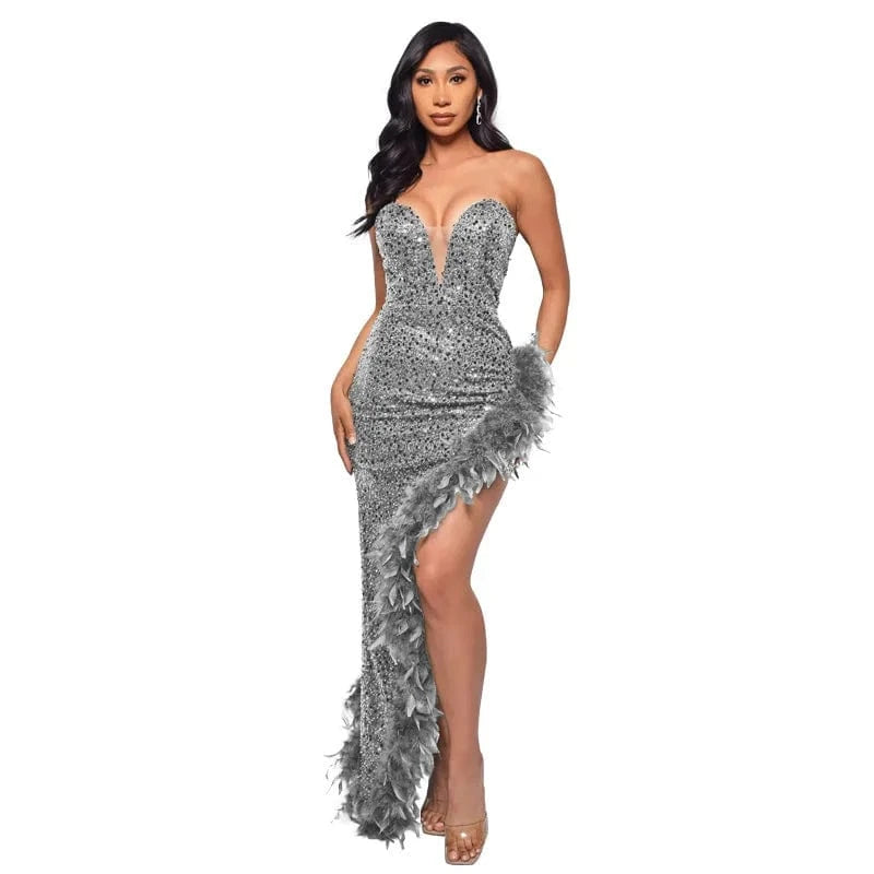 Womens Strapless Sequin Feather Dress For Women Elegant Sleeveless Long Bodycon Prom Evening Dresses